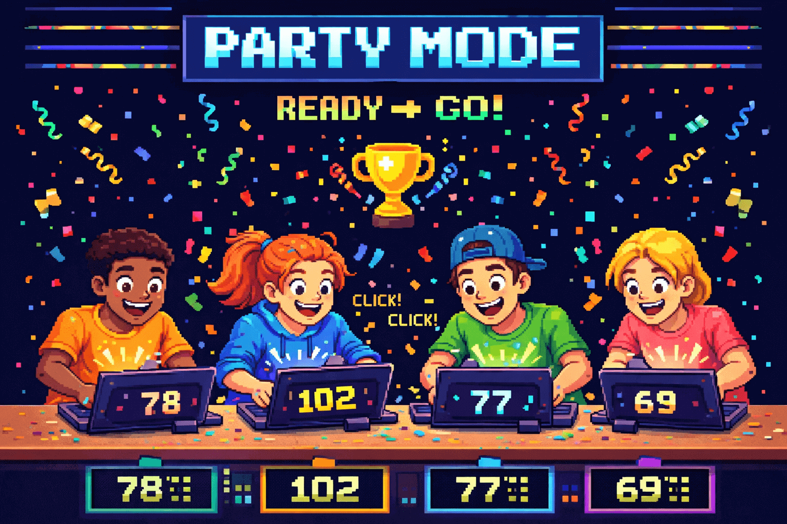 Friends taking turns in a party spacebar clicker challenge.